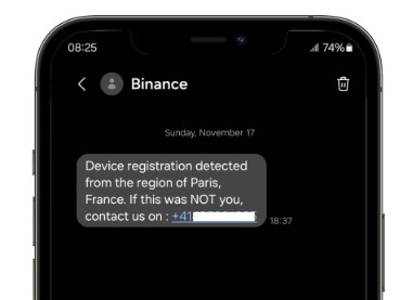 Kryptobetrugshilfe.de Binance SMS Betrug