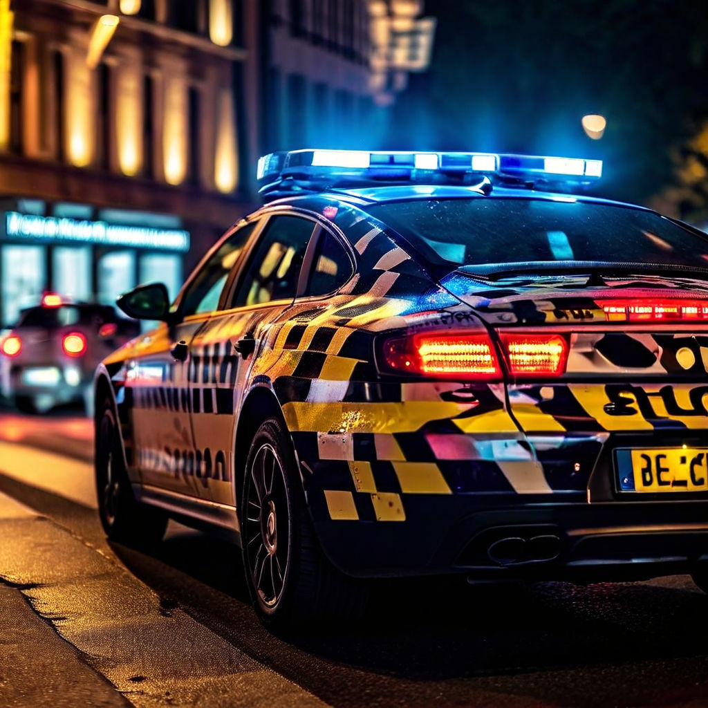 -german-police-car-responding-to-911-call-rushing-through-germany--bitcoin-crypto-logo-on-the-side--812569324